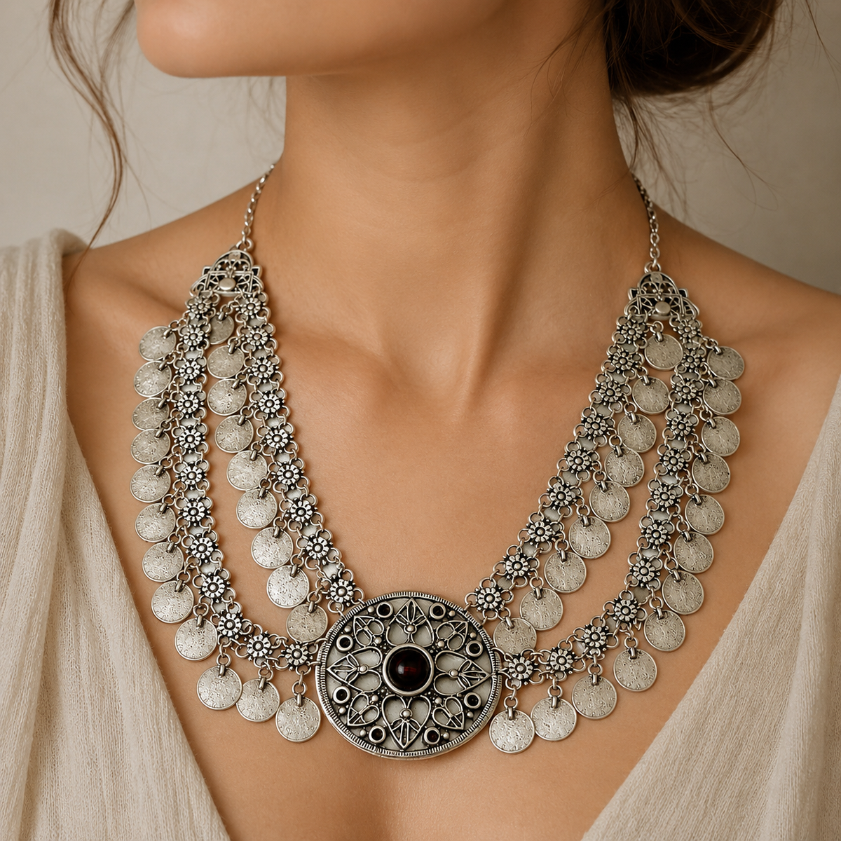 Silver-tone bib necklace with layered coin fringe and ornate detailing.