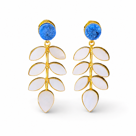 Pair of gold-plated drop earrings with blue druzy tops and mother of pearl leaf-shaped drops.