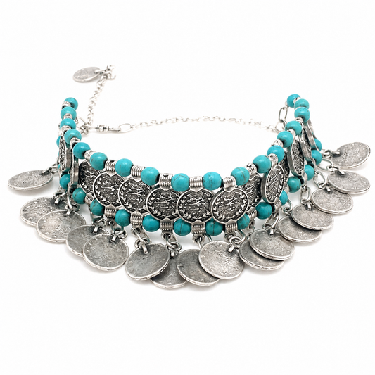 Turquoise bead choker necklace with silver-tone coin fringe on a white background.