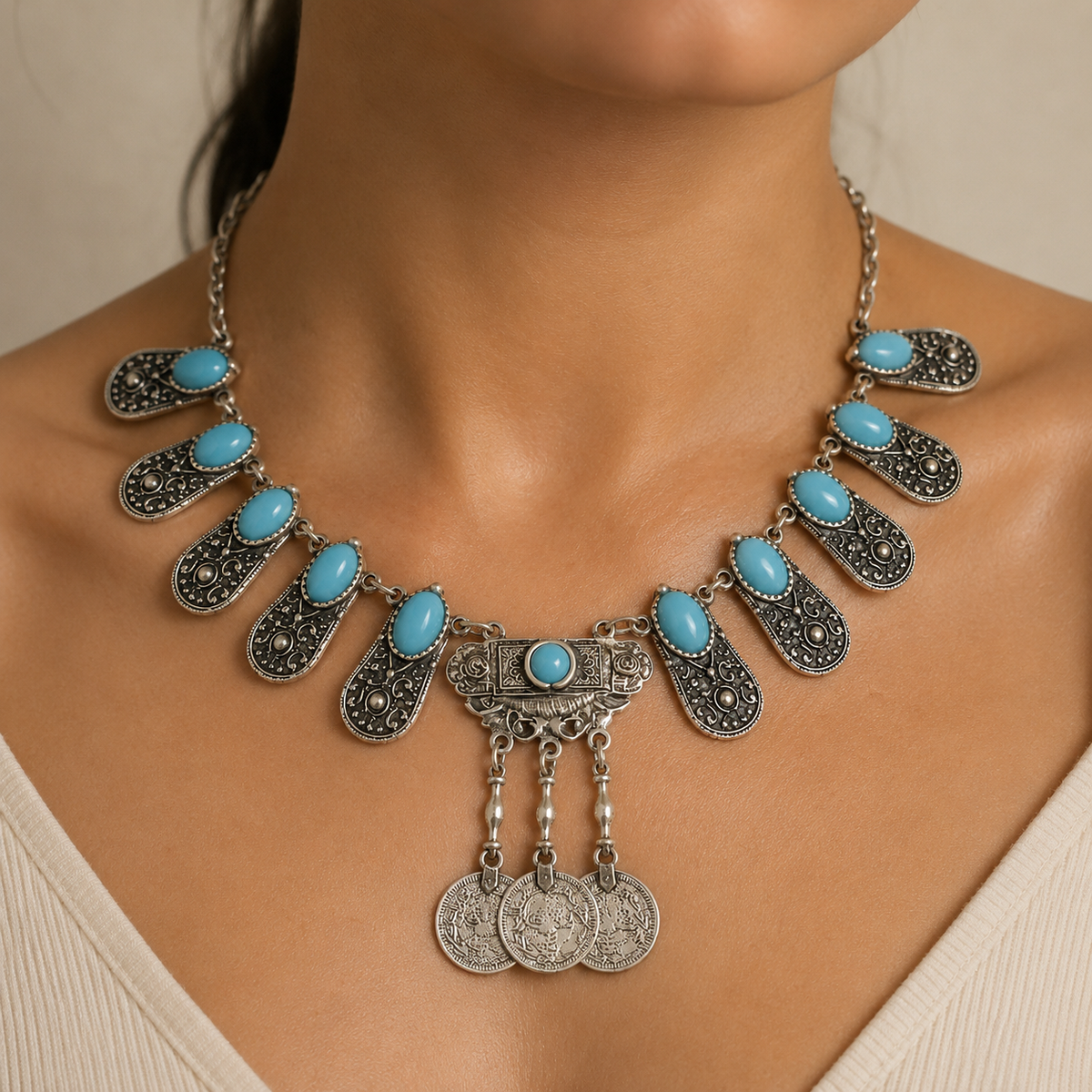 Silver engraved panel pendant necklace shown on a white background with blue oval accents.