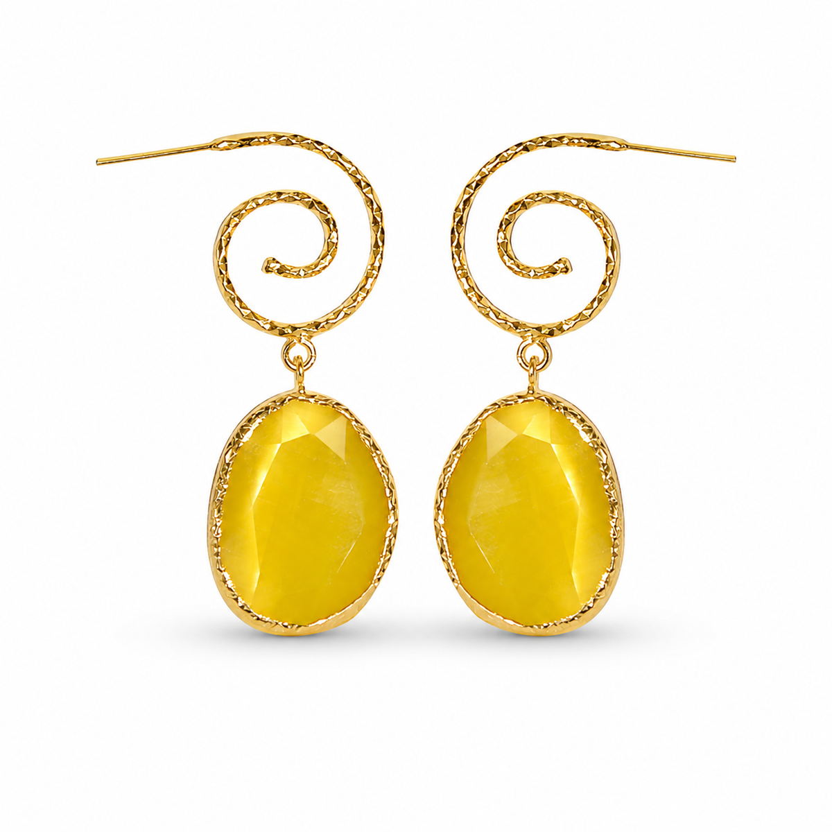 Yellow spiral drop earrings with a gold-plated finish and oval faceted drops.