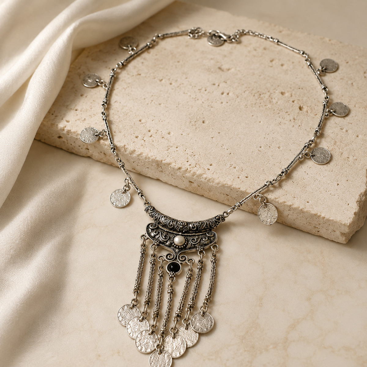 Silver-tone necklace with coin charms and tassel drops on a white background.