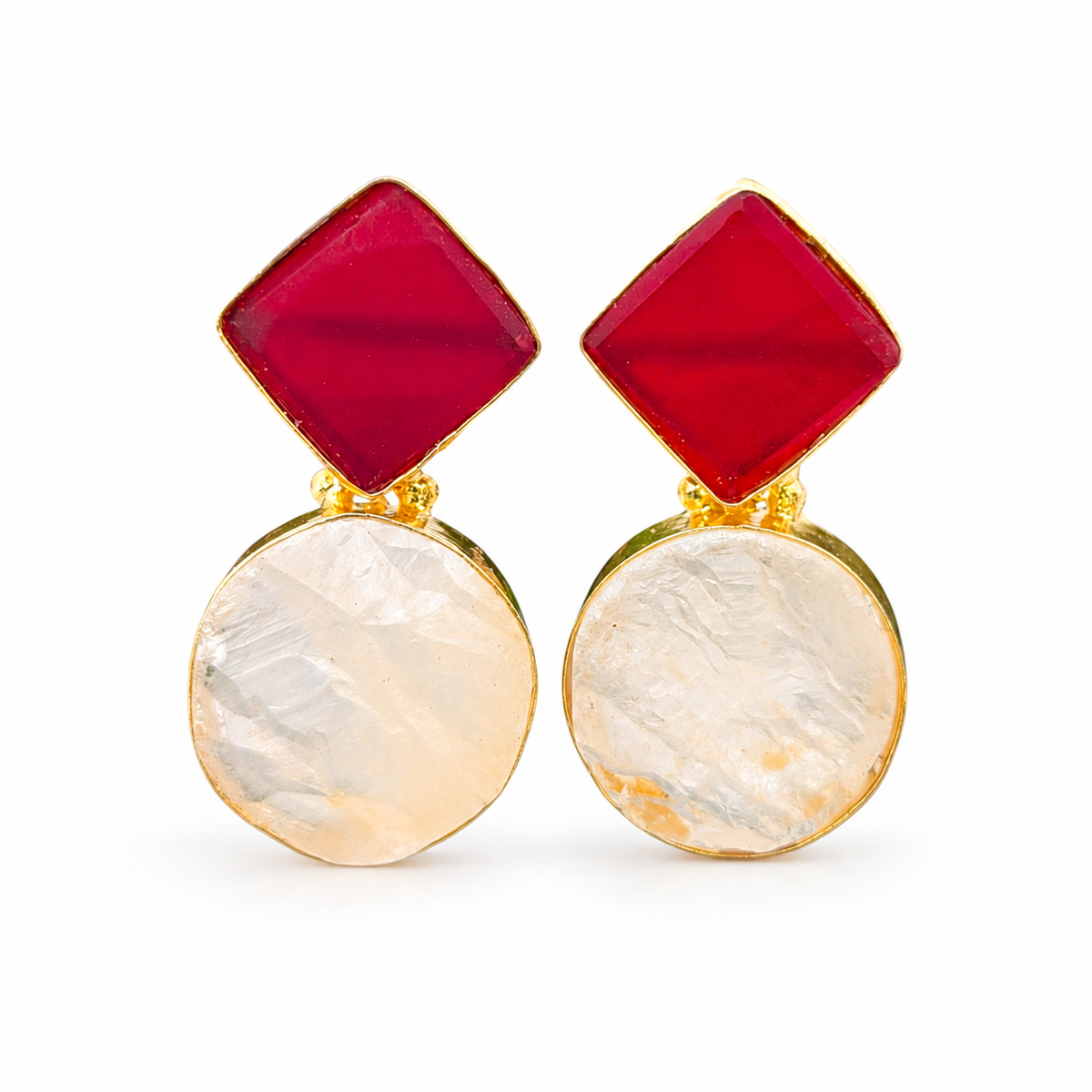 Gold-plated earrings with red geometric stones and clear quartz-like round drops.