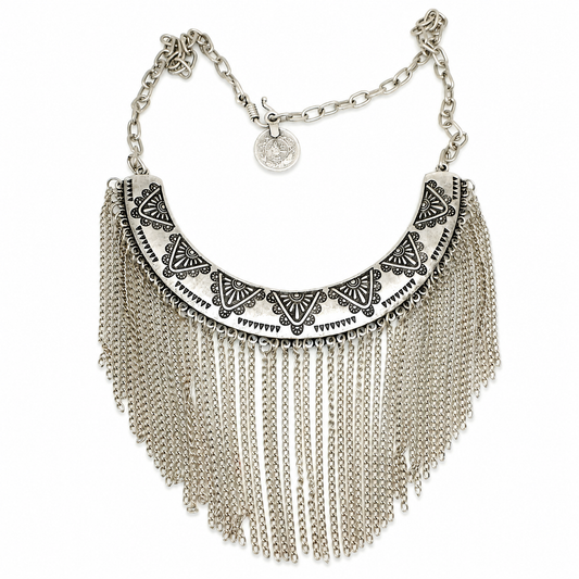 Silver-tone engraved collar necklace with chain fringe and a bold layered look.