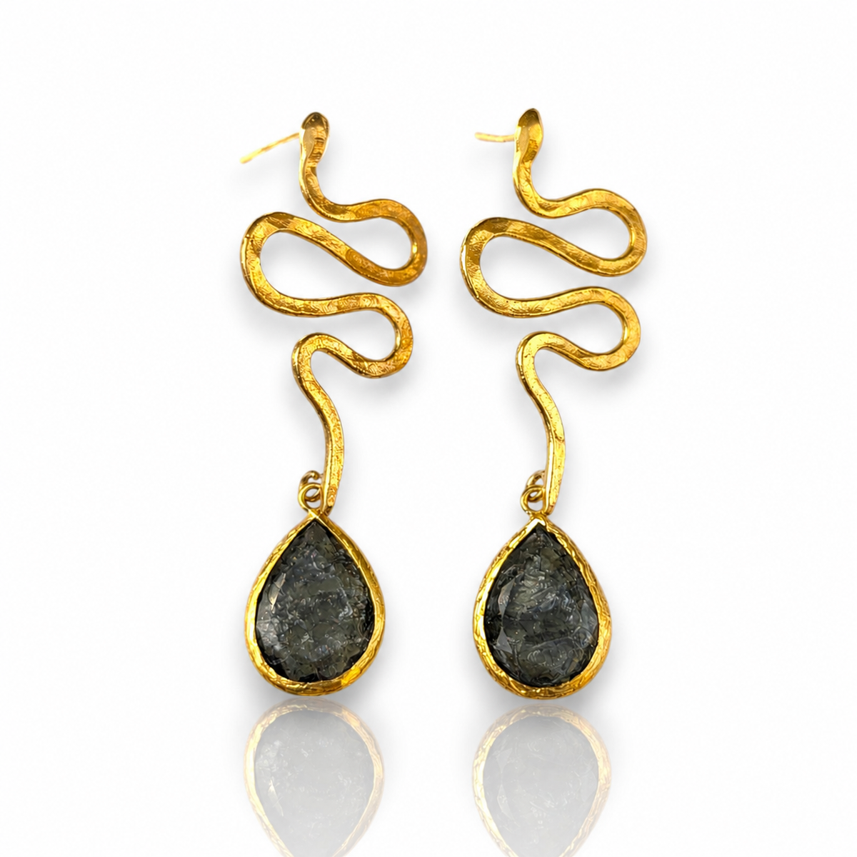 Gold-plated snake shape dangle earrings with teardrop drops and a dark accent.