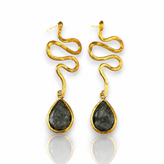 Gold-plated snake shape dangle earrings with teardrop drops and a dark accent.