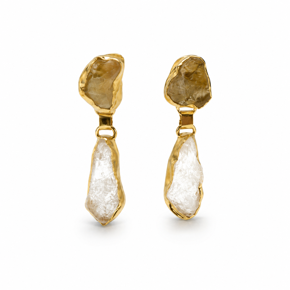 Gold-plated drop earrings with rough citrine and clear quartz stones.