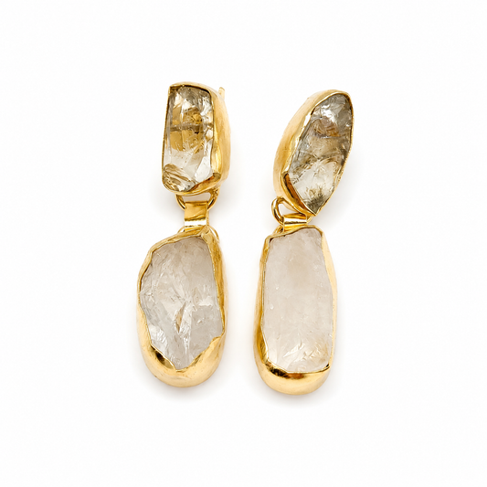Gold-plated drop earrings with round pearl accents and a soft, feminine shape.