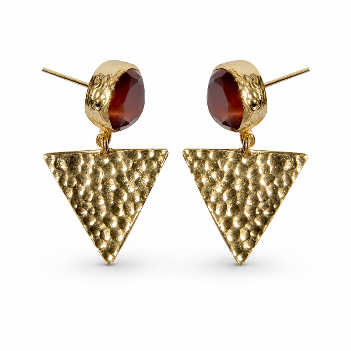 Orange triangle gold plated drop earrings with a faceted orange accent and textured gold-tone triangle.
