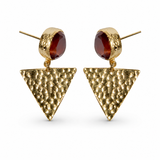 Orange triangle gold plated drop earrings with a faceted orange accent and textured gold-tone triangle.