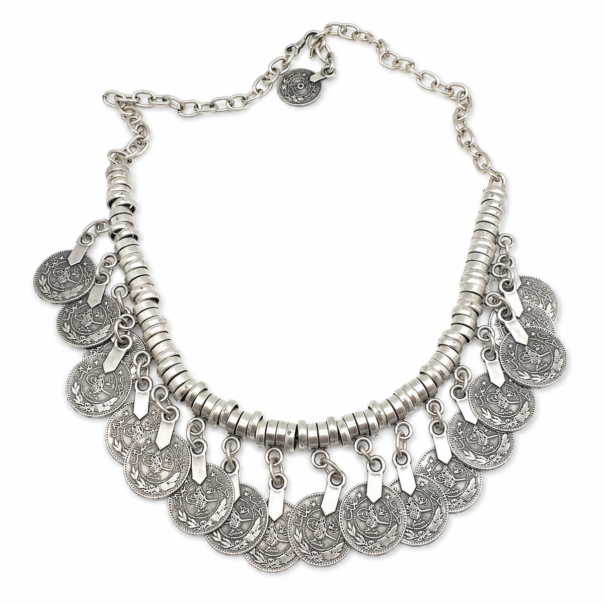 Silver-tone collar necklace with layered disc coin fringe.