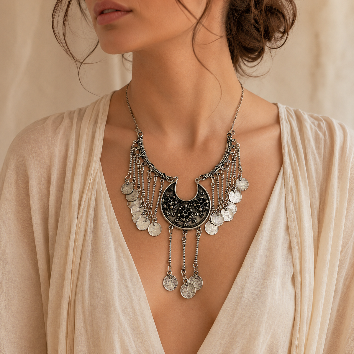 Silver-tone pendant necklace with black bead detail and layered fringe.