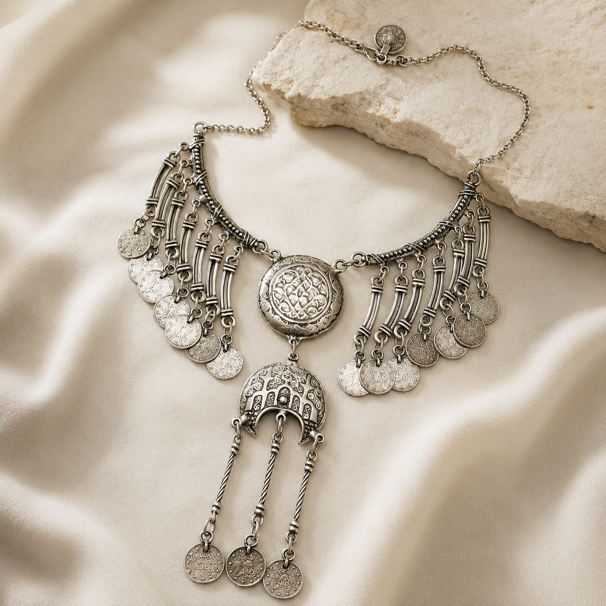 Silver-tone fringe necklace styled with crescent and coin pendants.