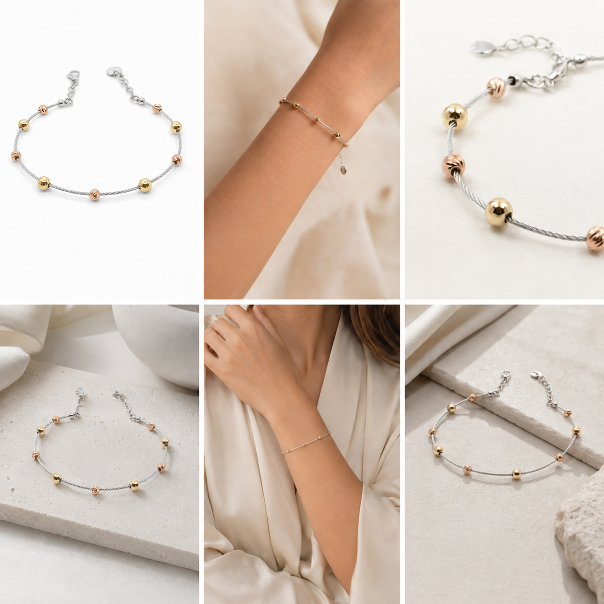 Close view of the silver bracelet and mixed-metal bead details.