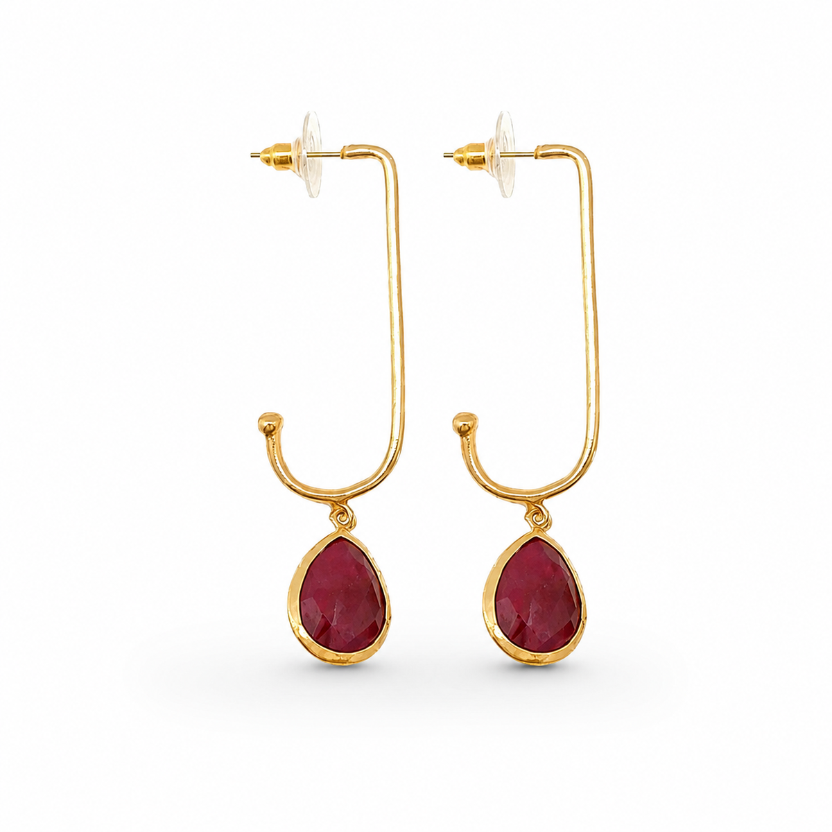 Gold-plated open paperclip drop earrings with green stone pendants.