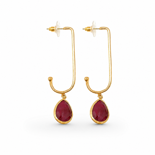 Gold-plated open paperclip drop earrings with green stone pendants.