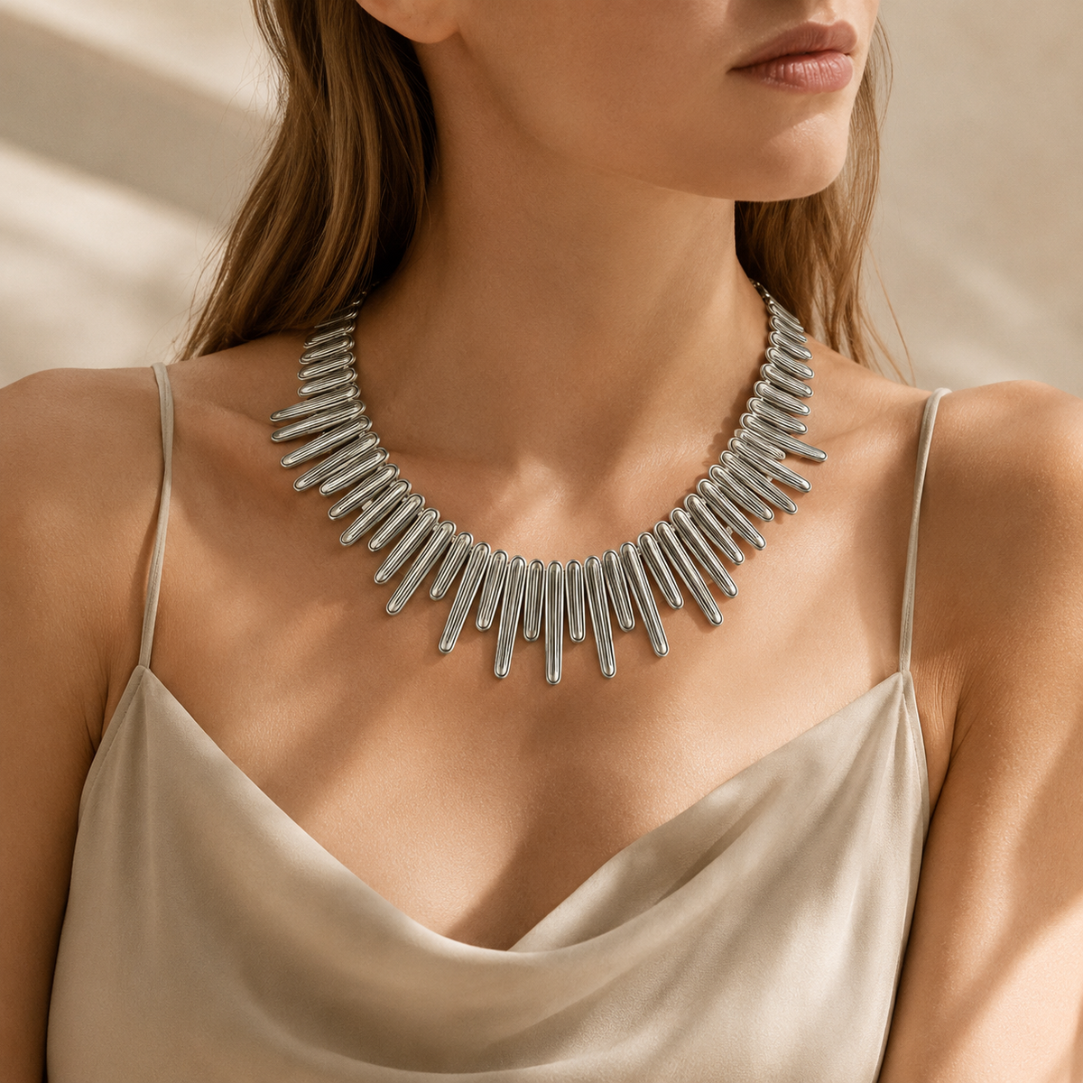 Silver-tone collar necklace with sculptural bar links.