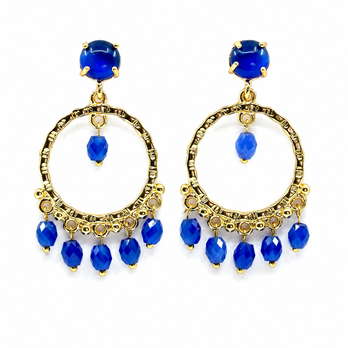 Gold-plated dangle earrings with bright blue stones and a hoop-inspired shape.