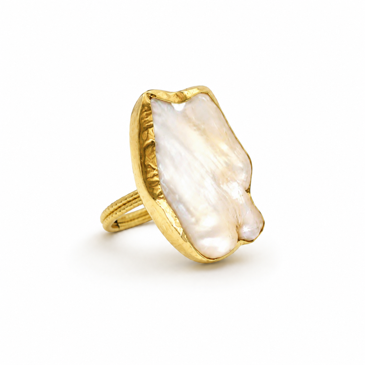 Side angle view of a gold-plated mother of pearl statement ring.