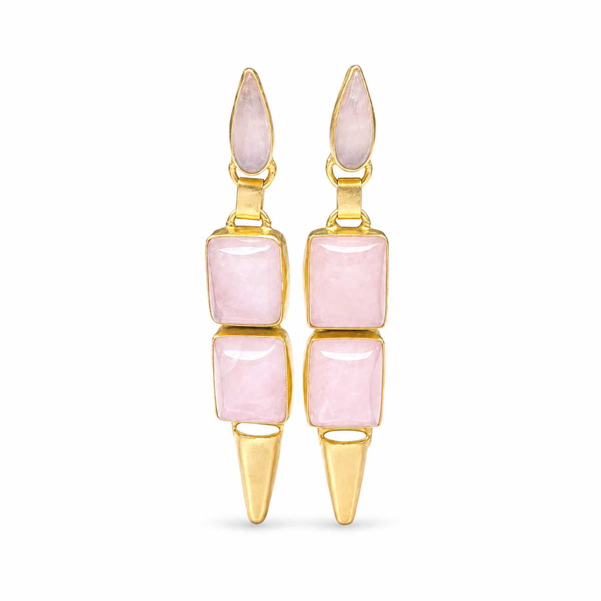 Pair of geometric drop earrings with pink rose quartz-style stones and gold-plated accents.