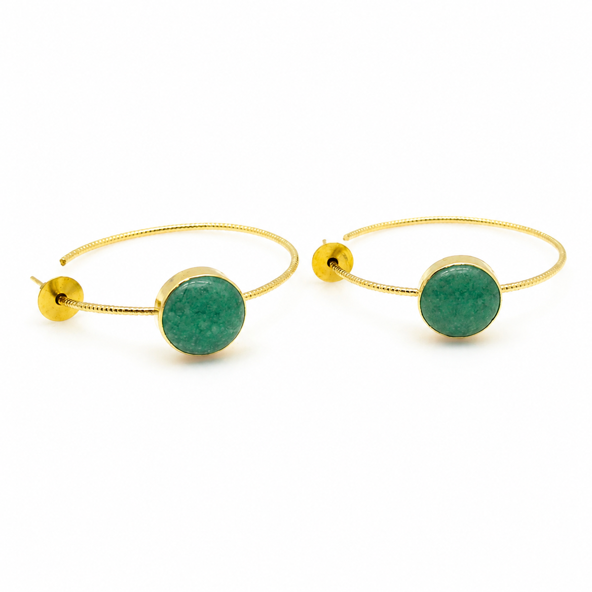 Gold-plated hoop earrings with round green aventurine discs on a white background.