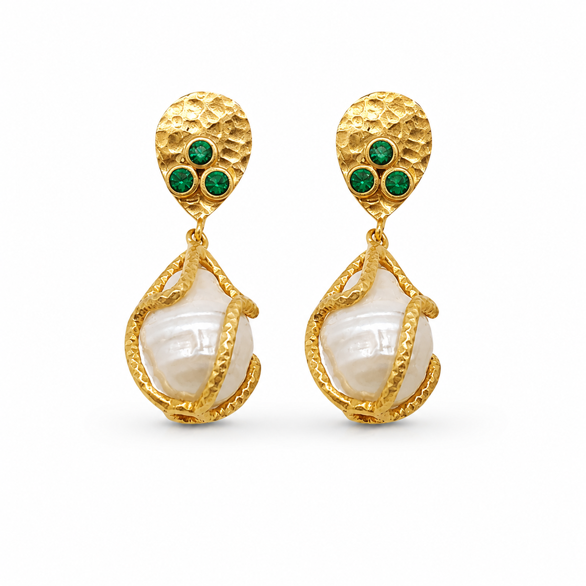Gold-plated drop earrings with textured teardrop tops, green CZ accents, and pearl-like centers.