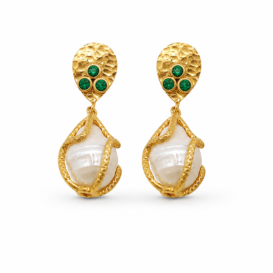 Gold-plated drop earrings with textured teardrop tops, green CZ accents, and pearl-like centers.