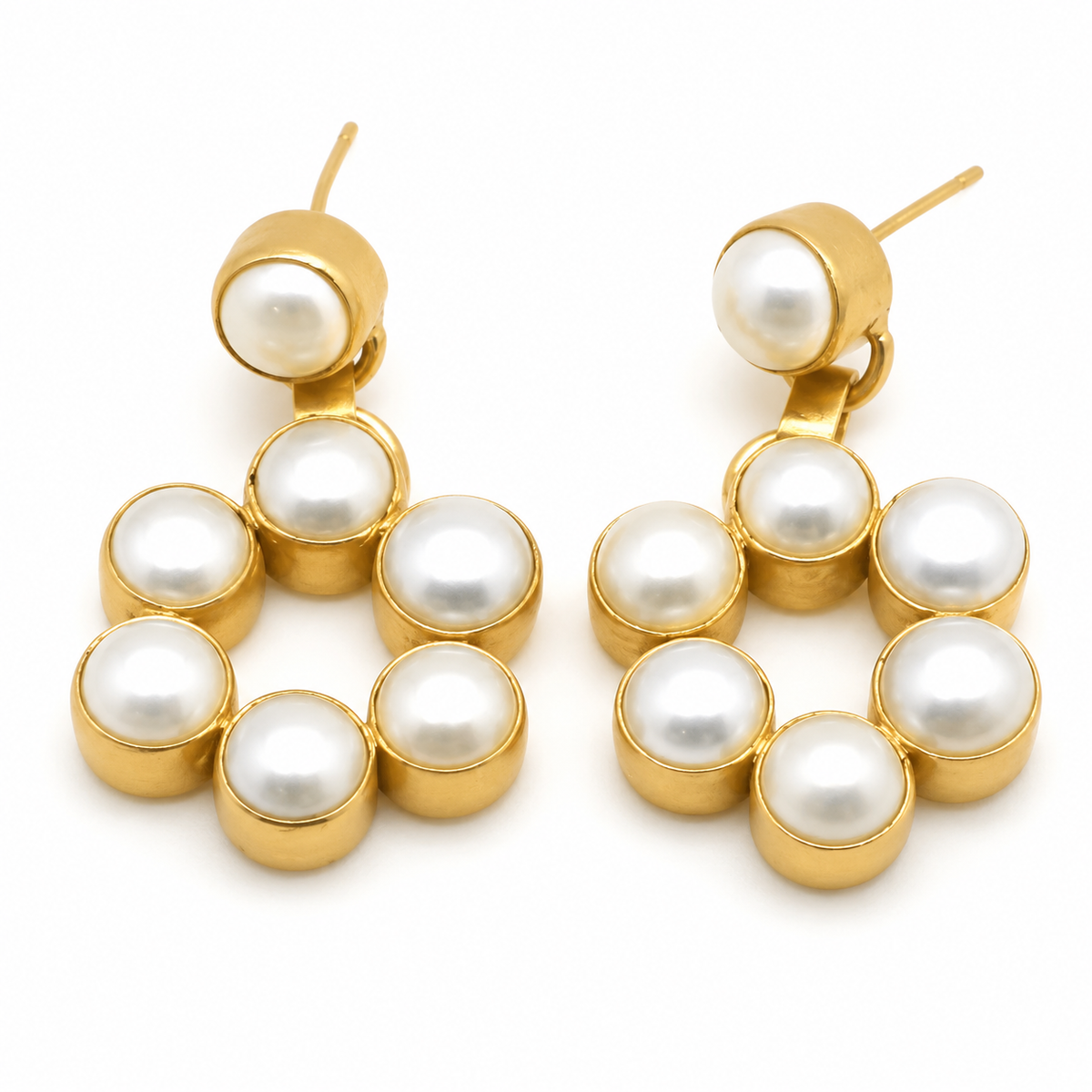 Gold-plated hoop drop earrings with round pearl accents.