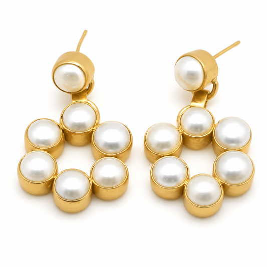 Gold-plated hoop drop earrings with round pearl accents.