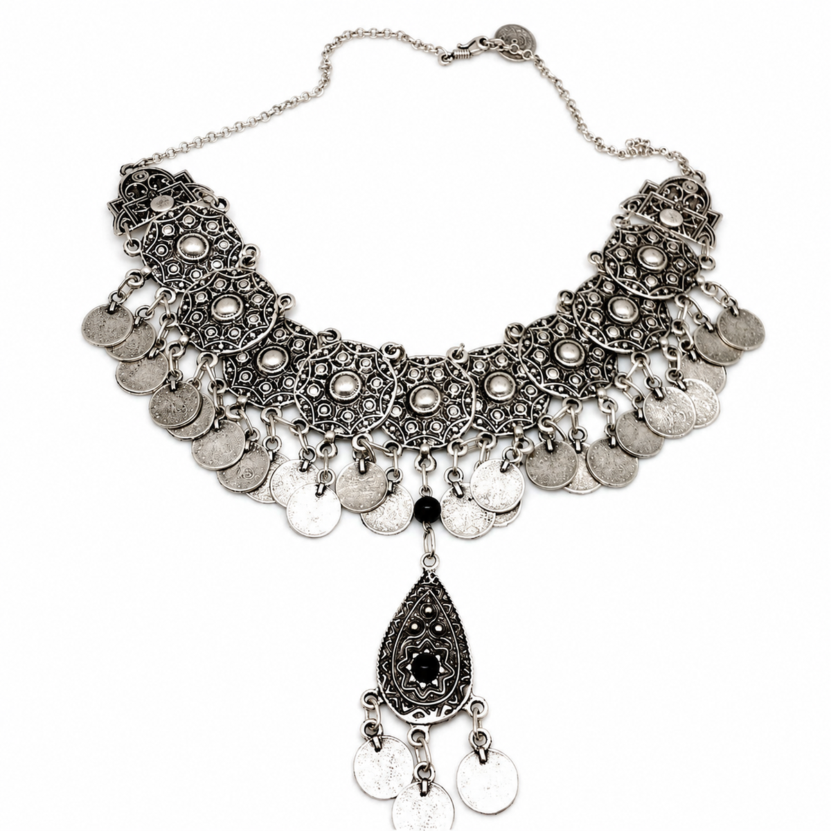 Silver-tone bib necklace with black stone accents and coin fringe.