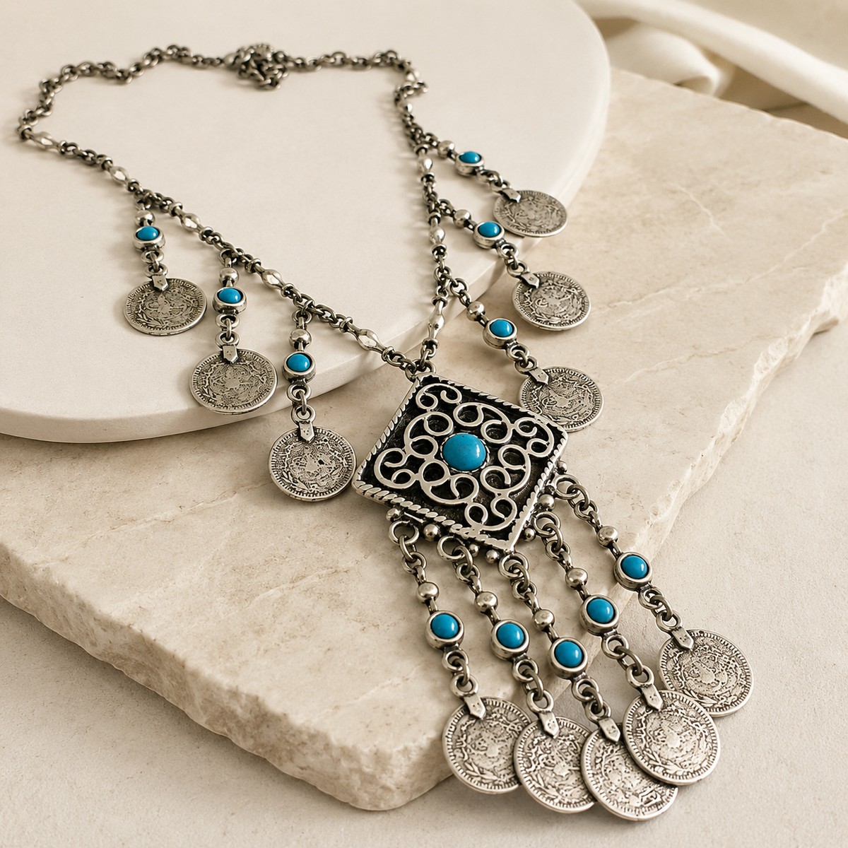Angled view of the silver necklace with turquoise accents and coin fringe.