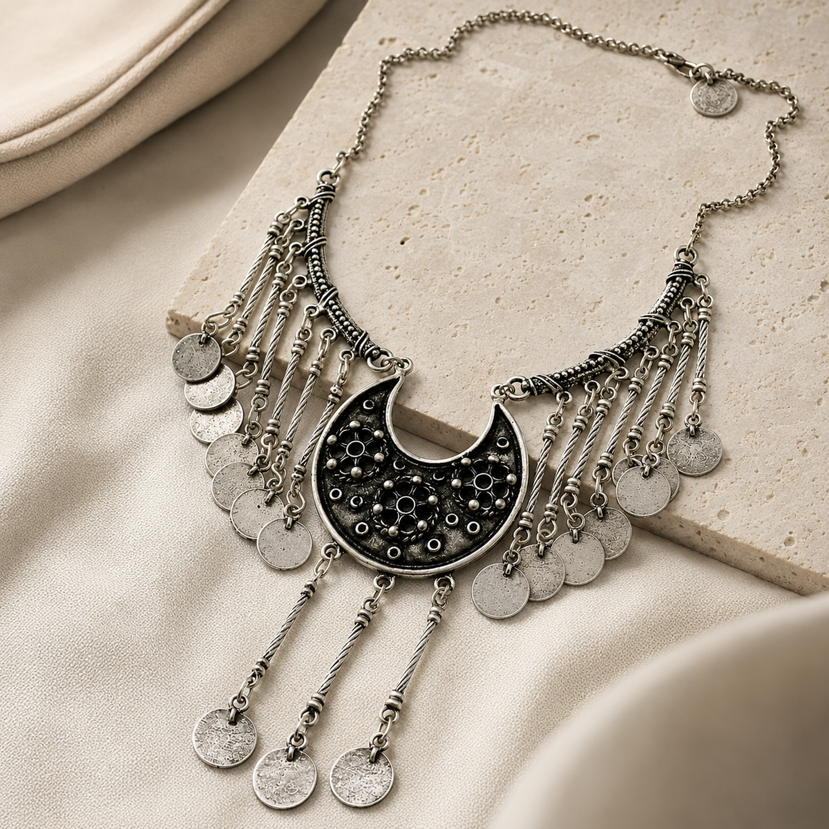 Angled view of a silver-tone necklace with black bead and coin accents.