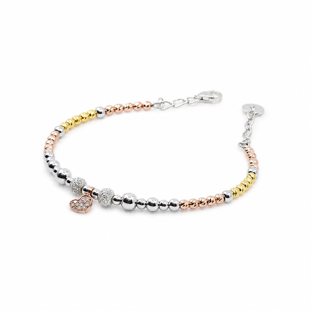 A heart bracelet with gold, silver, and rose-toned beads on a white background.