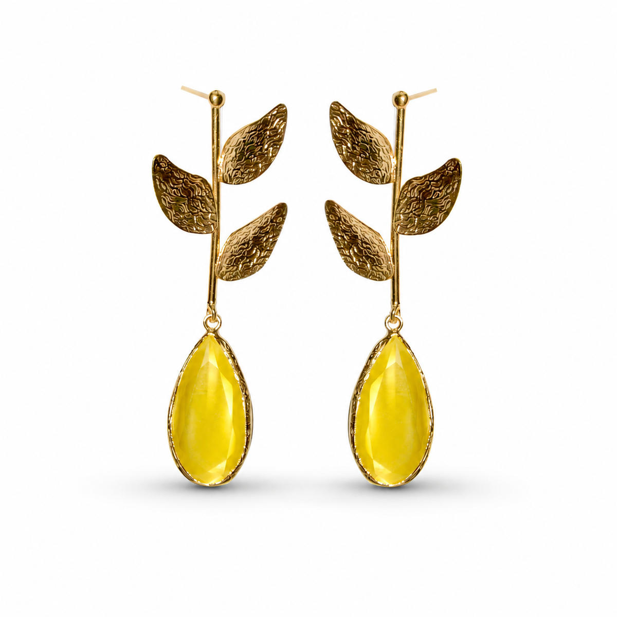 Gold plated drop earrings with textured leaf details and mustard yellow teardrop accents.