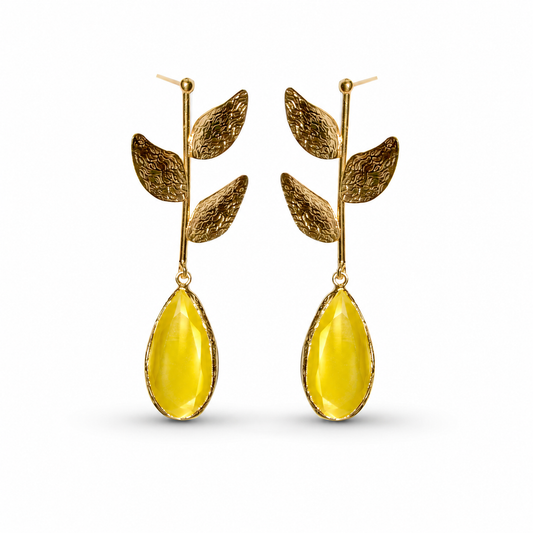 Gold plated drop earrings with textured leaf details and mustard yellow teardrop accents.