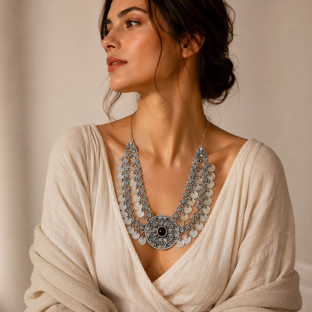Silver-tone necklace with a bold red center stone and fringe detail.