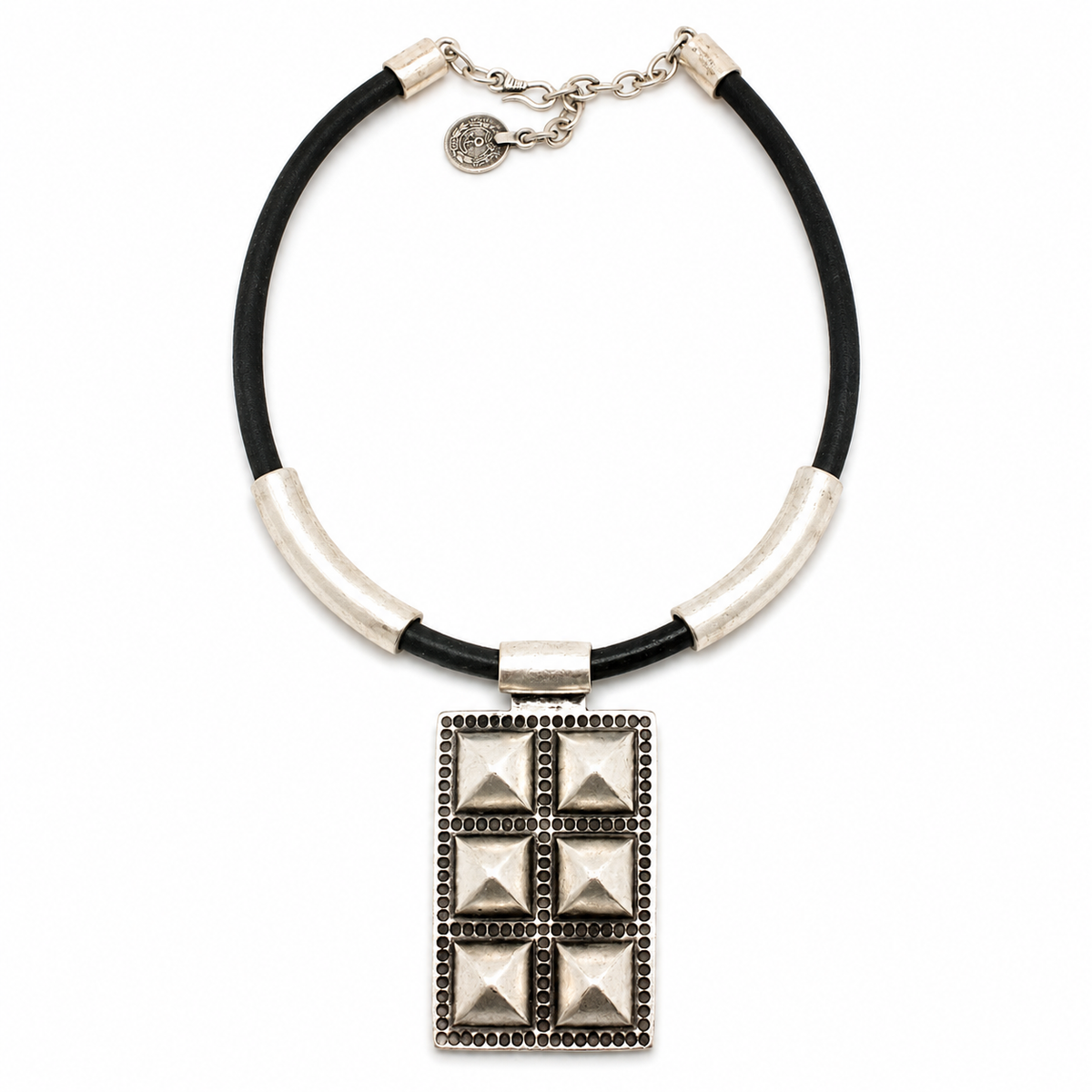 Black cord geometric pendant necklace with silver-tone accents and a rectangular pendant.