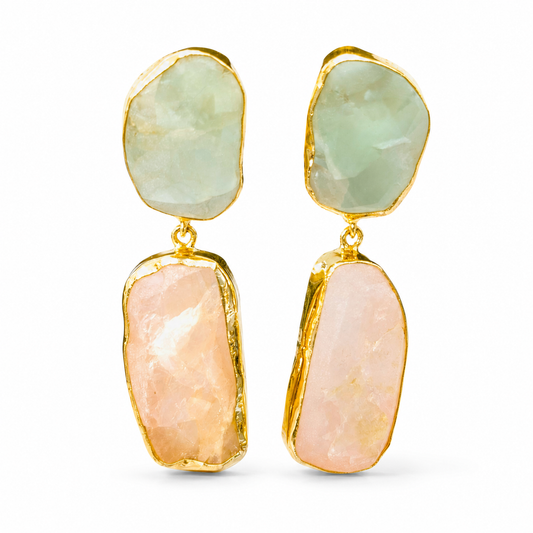 Gold-plated drop earrings with rough apatite and rose quartz stones.