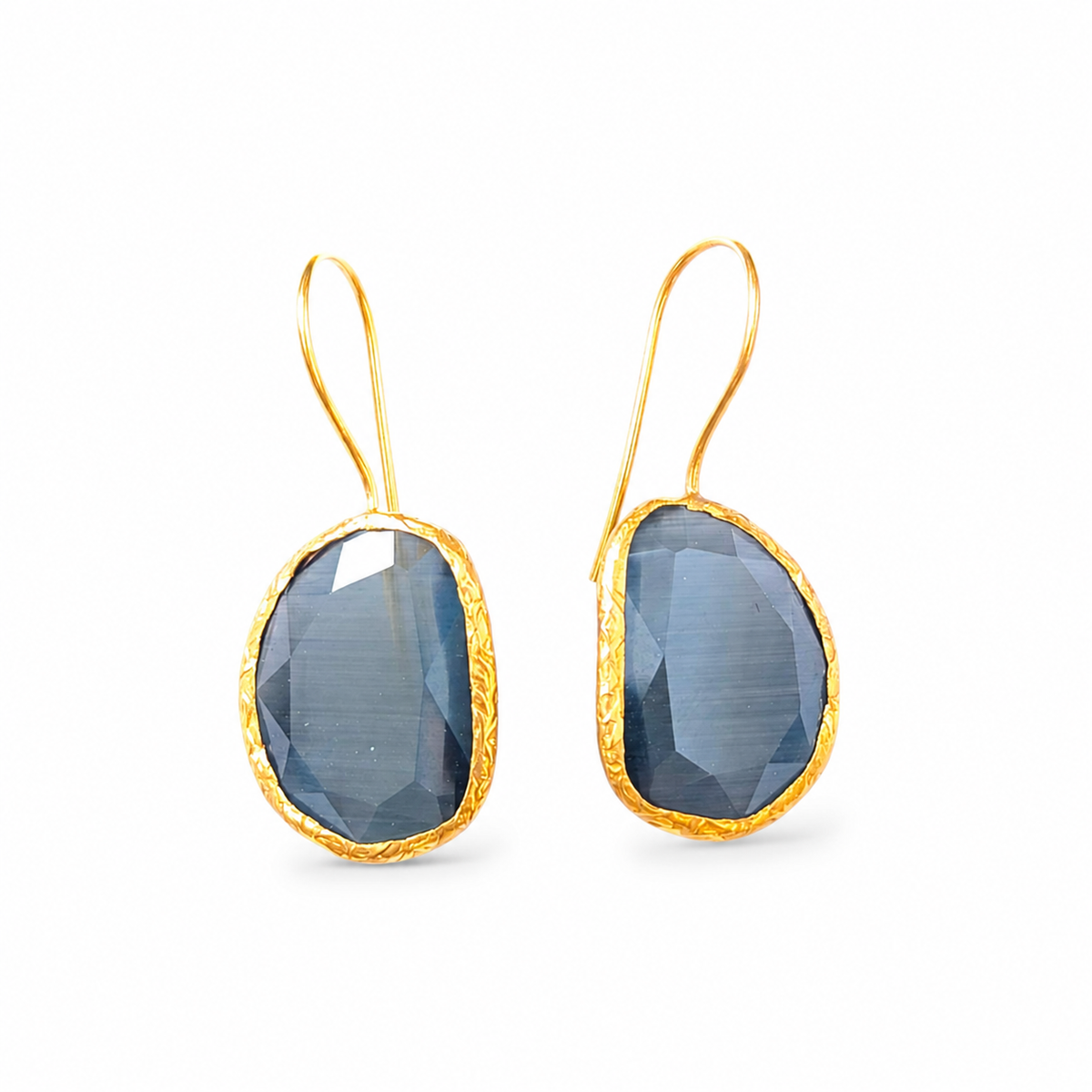 Smoky gray cat eye teardrop earrings with a gold-plated finish.