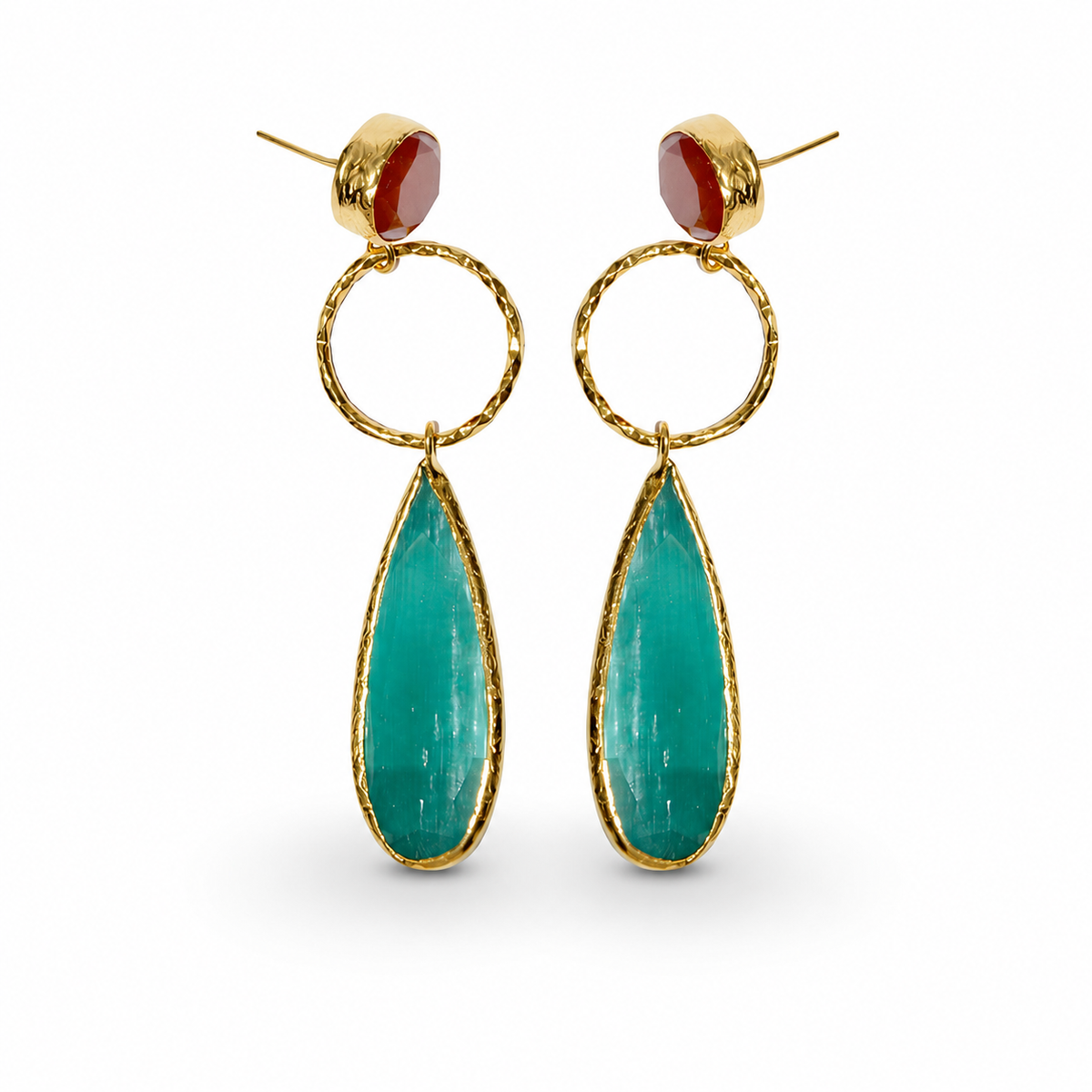 Gold-plated drop earrings with pine green leaf-shaped pendants and a small red stone top.