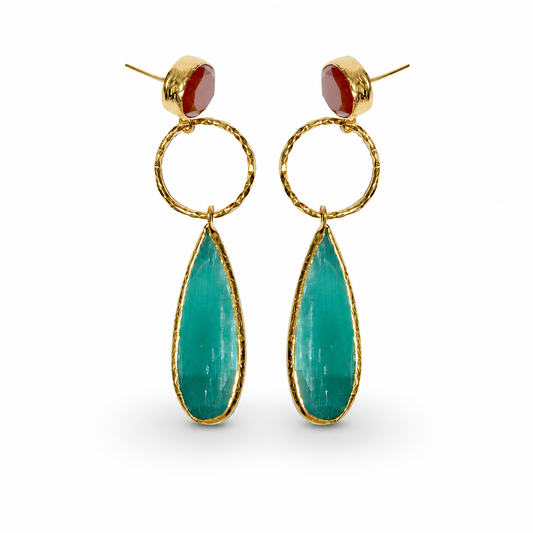 Gold-plated drop earrings with pine green leaf-shaped pendants and a small red stone top.