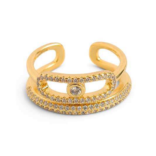 Gold-tone triple band wrap ring with CZ accents and a polished minimalist look.