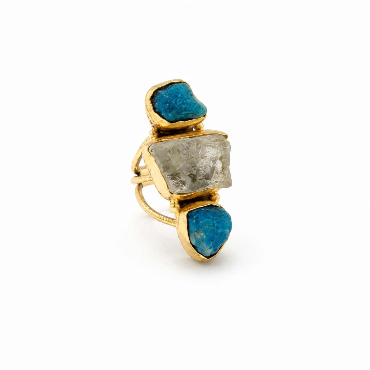 Gold-plated three-stone ring with bright blue apatite and clear quartz.