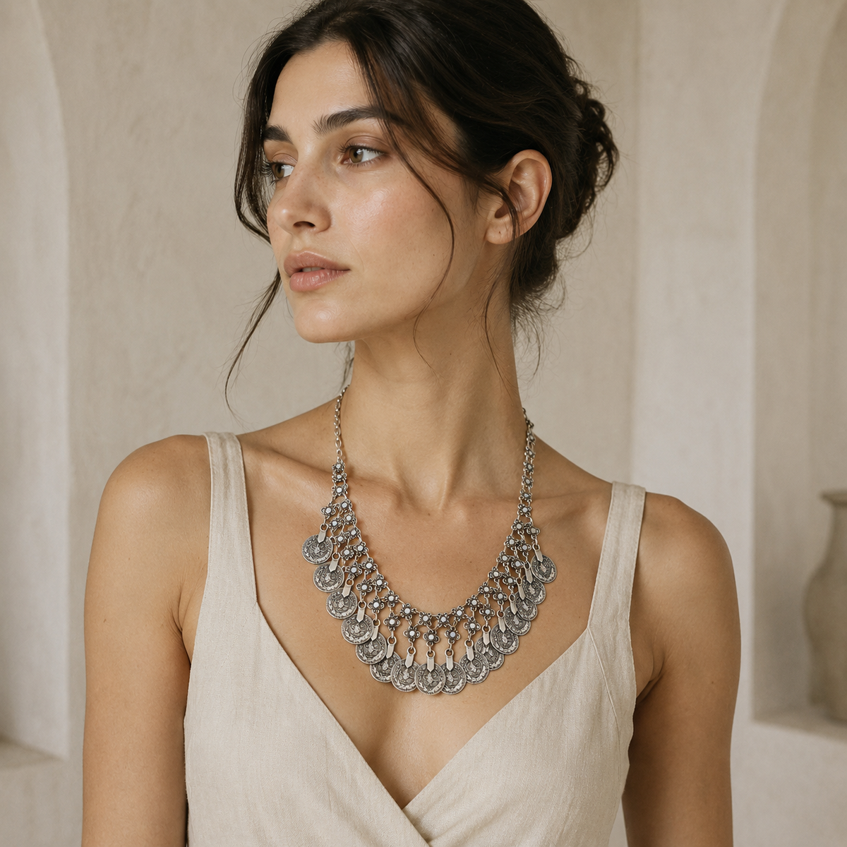 Silver floral coin fringe necklace with a bold layered silhouette.