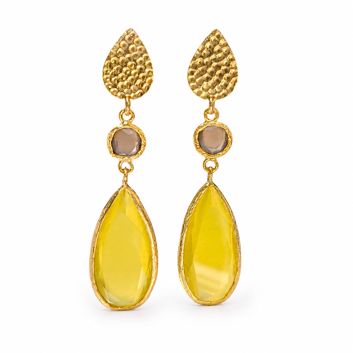Hammered gold-plated drop earrings with teardrop tops and faceted accents.