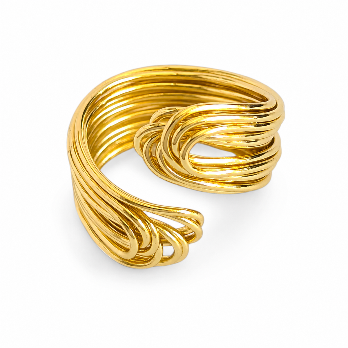 Gold-plated multi band knot statement ring with a sculptural open silhouette.