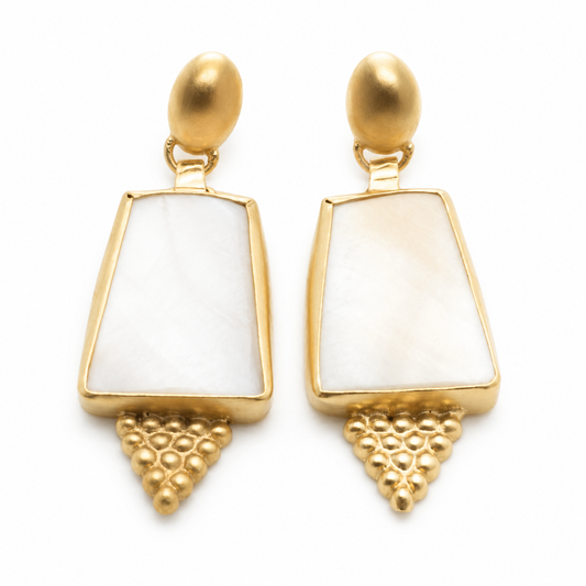 Pair of gold-plated drop earrings with pearl-like shield shapes and textured lower details.