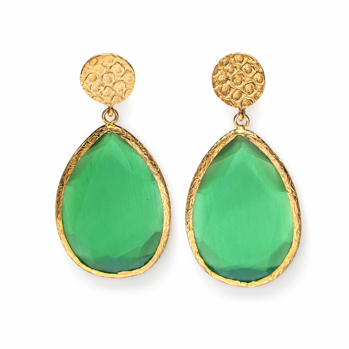 Gold-plated teardrop earrings with a faceted green smoky cat eye-style stone.