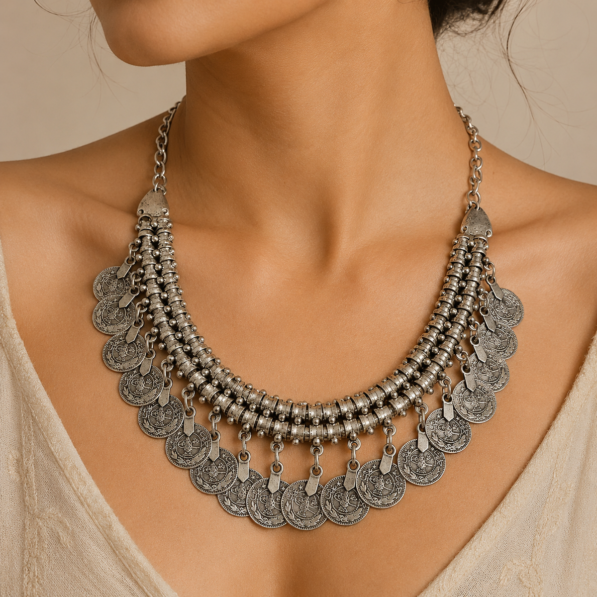Silver-tone collar necklace with layered coin fringe shown from the front.