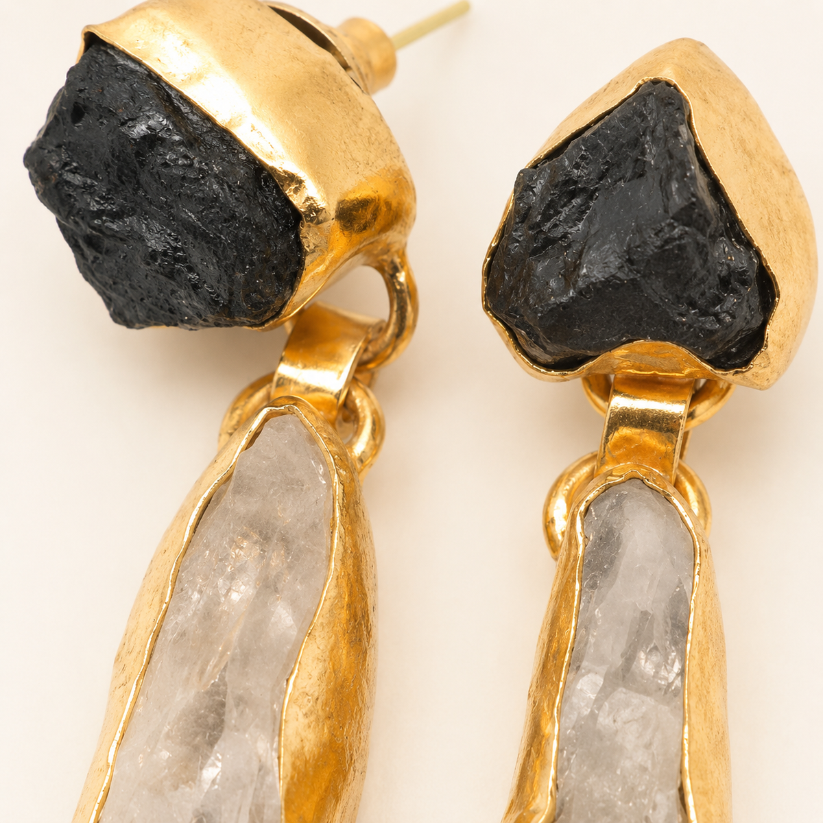 Close view of gold-plated earrings with amethyst quartz detail.